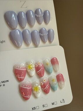 3D Lavender Pearl & Floral Pink Press-On Nail bundle of two large